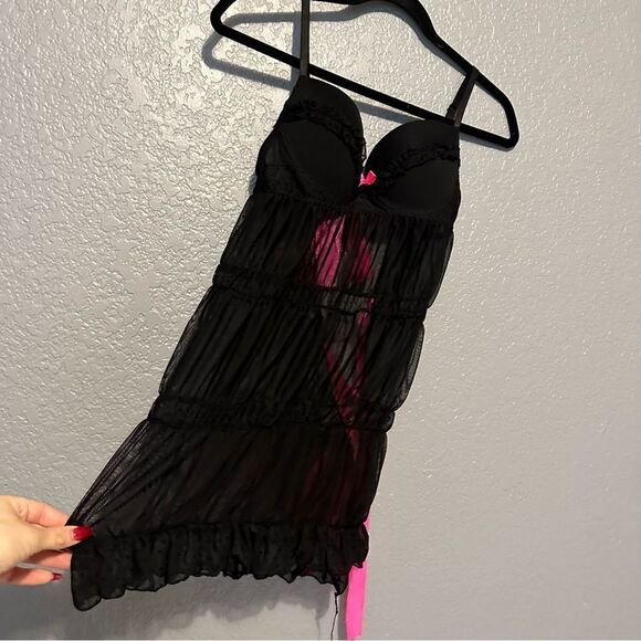 🍄Native intimates black & bright pink bow lingerie babydoll open back top/dress - Picture 4 of 9